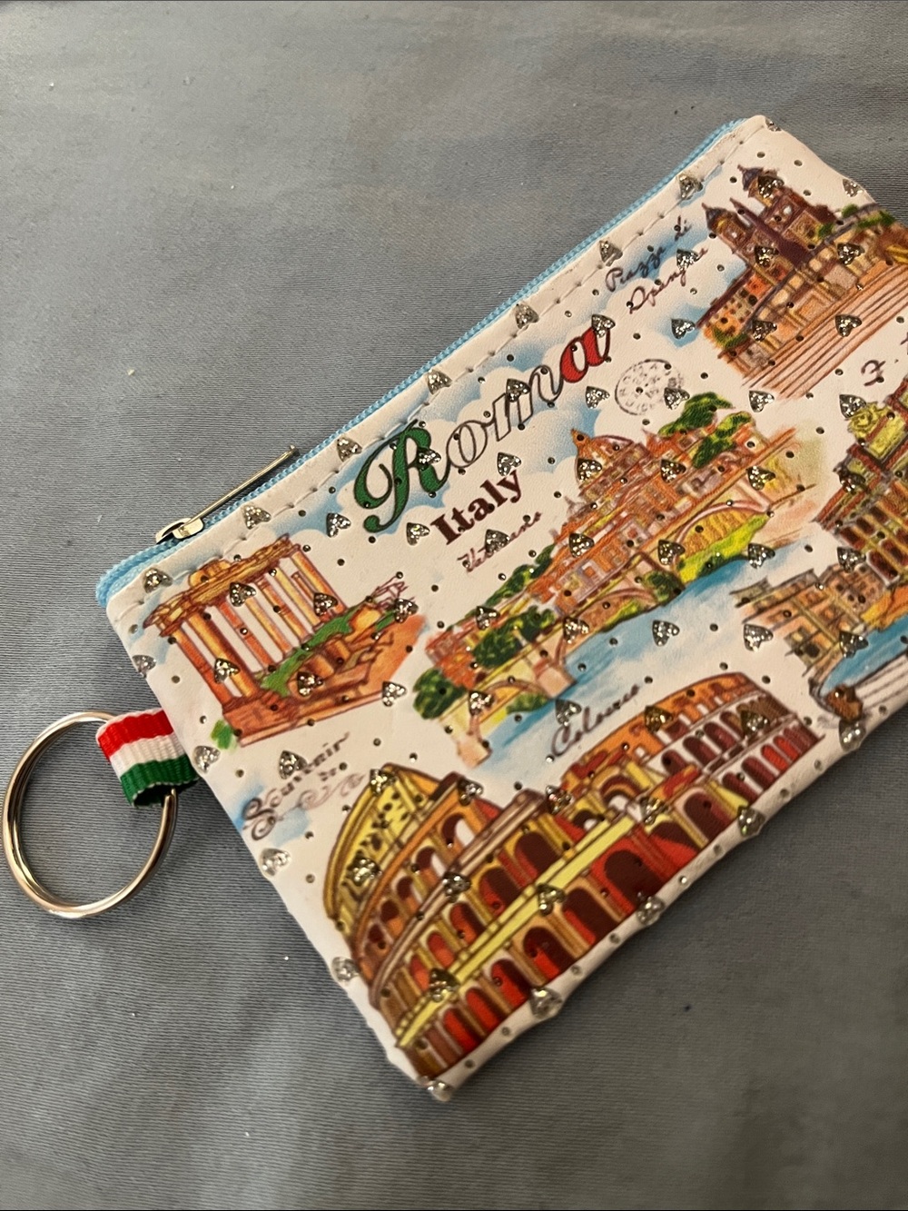 #13 NWOT Blue-based Roma Italy Coin Purse w/ Multicolor Cityscape & Glitter - Picture 2 of 3